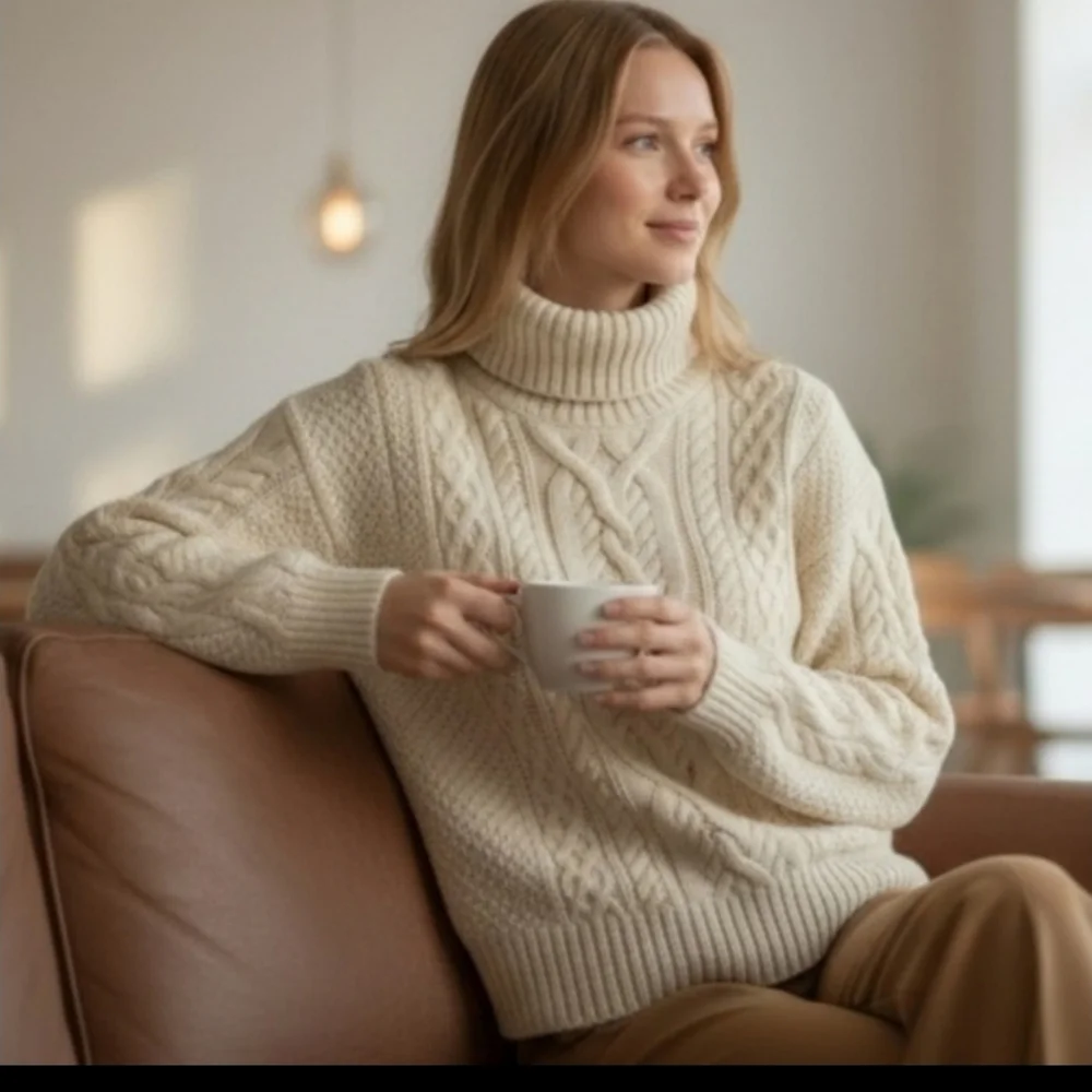 Vintage LAUREN Ralph Lauren Hand-Knit Wool Blend Cable Turtleneck - Cream - M - Picture 13 of 16